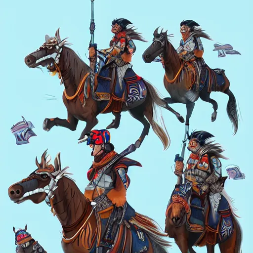 Image similar to cidaricheti falcons. a gang of mounted bandits. fantasy, high details, digital art