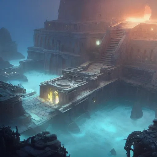 Prompt: the underwater lost city of atlantis, huge octopus nearby, volumetric light, detailed, unreal engine, ultra wide angle, by greg rutkowski