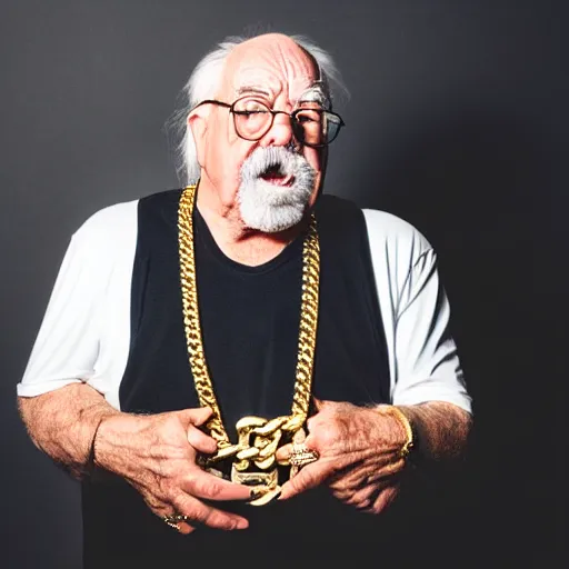 Image similar to dslr portrait photo still of wilfred brimley as a gangsta rapper with gold chains and gold teeth grills growling at camera and showing his teeth, 8 k, 8 5 mm f 1. 8