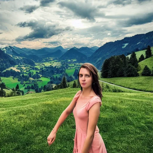 Image similar to a beautiful photograph of a girl with switzerland landscape in the background with trees, hdr, 8 k, high quality, sharp focus, artstation, highly detailed, award - winning, dramatic lighting, beautiful clouds, and nature