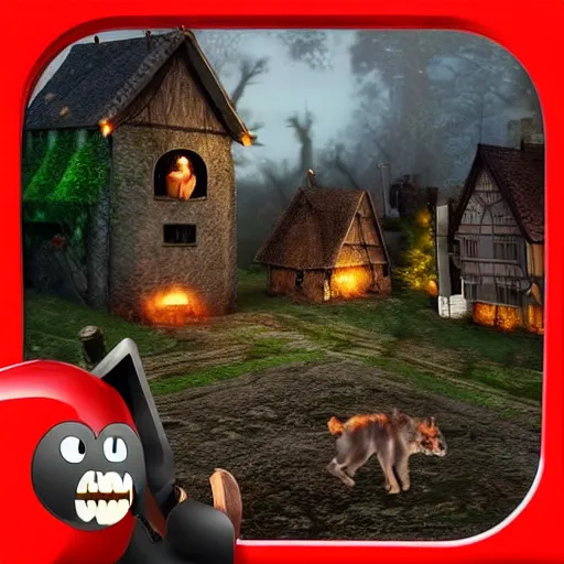 Image similar to hunted medieval town on the edge of dark forest, werewolf attack on villagers, hd, street view