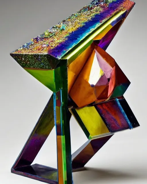 Image similar to a multicolored bismith sitting on top of a table, an abstract sculpture by john chamberlain, trending on pinterest, crystal cubism, angular, made of crystals, iridescent