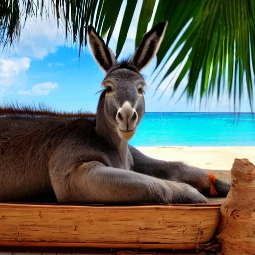 Prompt: donkey on a sunbed, tropical vacation