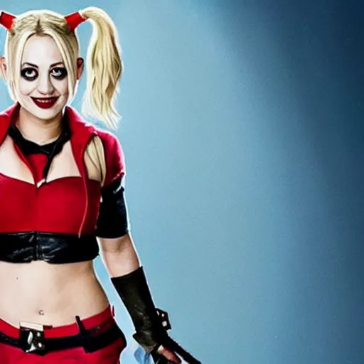 Image similar to A still of Kaley Cuoco as Harley Quinn