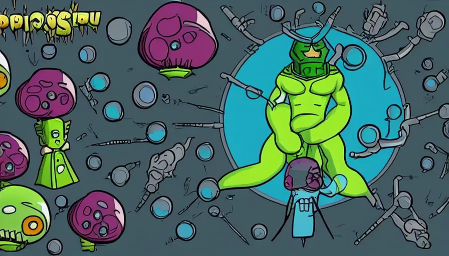 Image similar to cartoon depicting a superbug microorganism with a super villain appearance, getting strong and resistant because of medicine or antibiotic