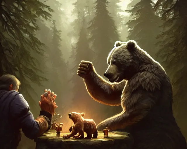 Image similar to old man, in the woods, arm wrestling, a bear, deep focus, d & d, fantasy, intricate, elegant, highly detailed, digital painting, artstation, concept art, matte, sharp focus, illustration, hearthstone, art by artgerm and greg rutkowski and alphonse mucha