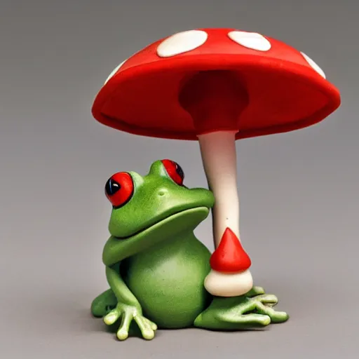 Image similar to clay model of a frog holding a red and white toadstool as a parasol