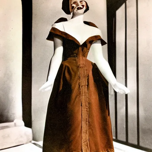 Image similar to a vintage 1 9 4 0 s kodachrome photograph of a avent - gard fashion haute couture collection winter traveling outfit ensemble inspired by the greek muse, erato.