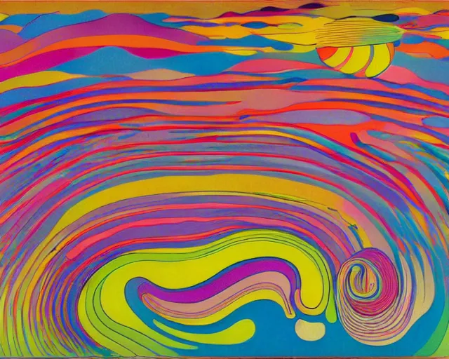 Image similar to Ocean waves in a psychedelic dream world. Wayne Thiebaud. Takashi Murakami. Paul Klee. Minimalist.