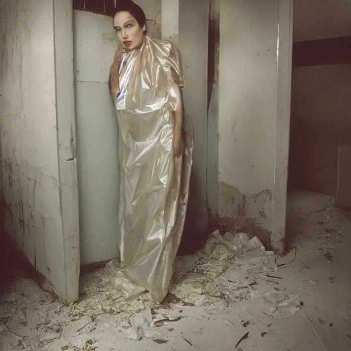 Image similar to a color photograph, closeup portrait of a woman wrapped in plastic, standing in an abandoned daycare, color photograph, by vincent desiderio, canon eos c 3 0 0, ƒ 1. 8, 3 5 mm, 8 k, medium - format print