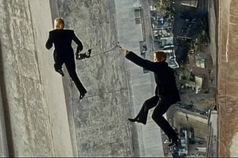 Image similar to movie still of spy donald trump as tom cruise in mission impossible hanging from a cable