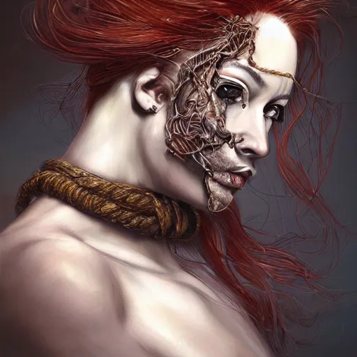 Image similar to portrait of a Shibari rope wrapped face and neck, headshot, insanely nice professional hair style, dramatic hair color, digital painting, of a old 15th century, old cyborg merchant, amber jewels, baroque, ornate clothing, scifi, realistic, hyperdetailed, chiaroscuro, concept art, art by Franz Hals and Jon Foster and Ayami Kojima and Amano and Karol Bak,