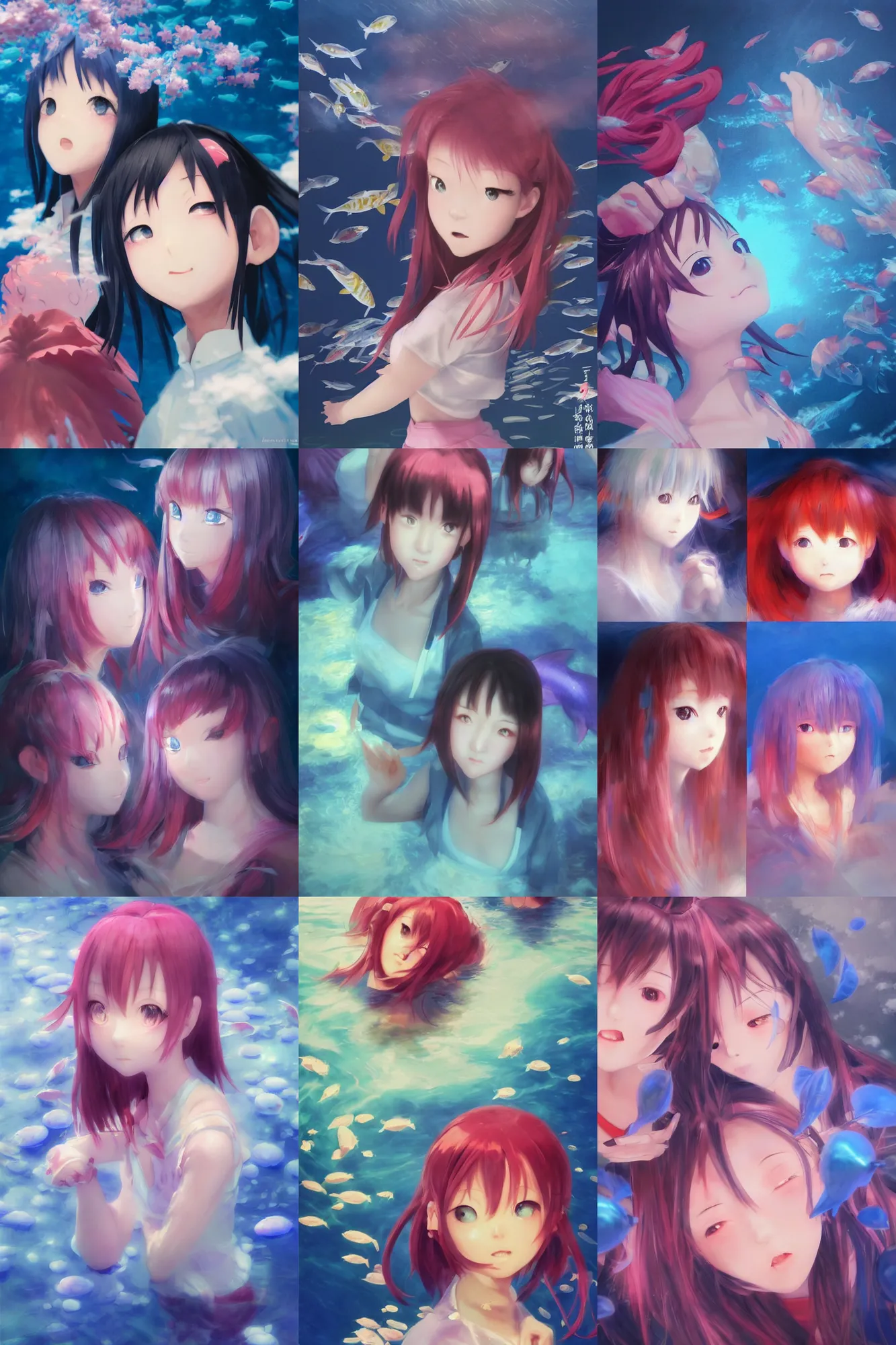 Prompt: 3d infrared octane render concept art by by Mo Xiang Tong Xiu, by Igarashi Daisuke, by makoto shinkai, cute beauty selfie portrait anime funny two schoolgirls under dark pink and blue underwater. koi fish. beautiful and cutest sad face. dramatic deep light, trending on artstation, oil painting brush