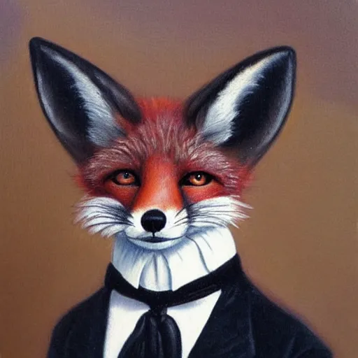 Prompt: male fox wearing tuxedo, oil painting, victorian era