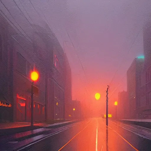 Prompt: an empty street at dusk, with a giant eldritch god emerging from the sky, rainy, wet streets, digital oil painting by simon stalenhag