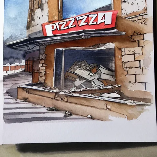 Image similar to watercolour drawing of pizza restaurant crumbling to the ground, beautiful award winning artistic talent, trending on artstation