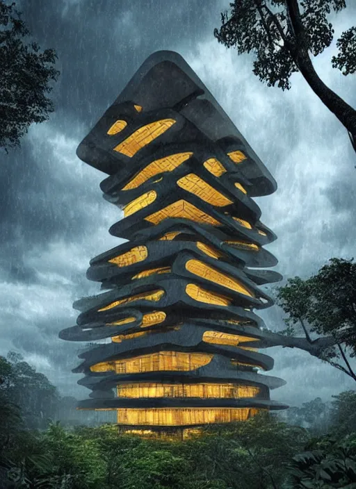 Image similar to “thunderstorm Amazon forest architecture building , the building is in a rainy forest , luxury architecture, architecture digest, building surrounded by dark clouds , mellow tones, fluorescent lighting,volumetric Lighting, photorealism, high detail, golden ratio, cinematic, octane renderer”