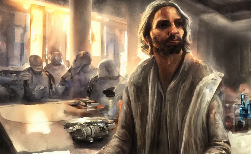 Image similar to a realistic star wars watercolor fantasy concept art of a drug dealer that looks like chris d'elia in a sleazy futuristic bar of coruscant, hq, 4 k