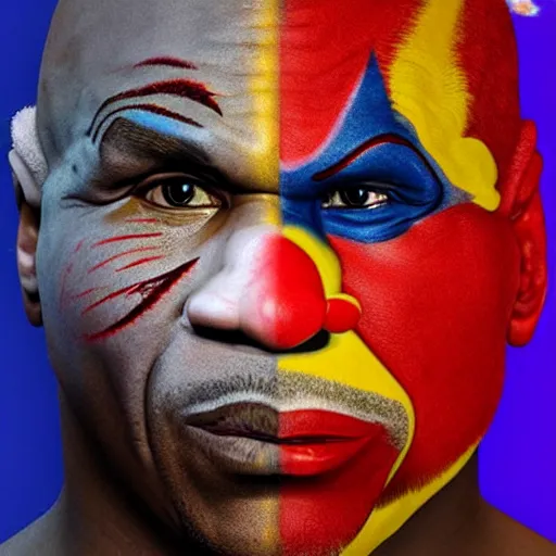 Image similar to UHD photorealistic Cosmic Mike Tyson wearing a clown costume with real clown makeup in the style of tonalism