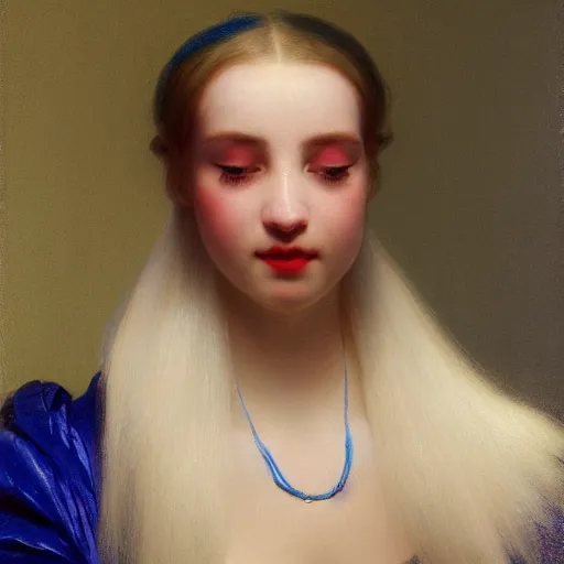 Image similar to a young woman's face, her hair is white and she wears a cobalt blue satin cloak, by ivan aivazovsky and syd mead and moebius and gaston bussiere and roger dean and pieter claesz and paul delaroche and alma tadema and aelbert cuyp and willem claesz, hyperrealistic, volumetric light, octane render