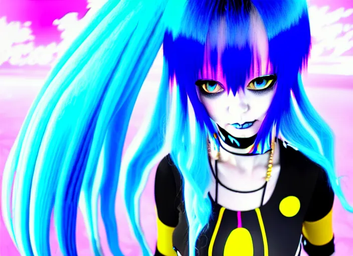 Prompt: a hologram of rimuru tempest, sky blue hair, golden yellow eyes, wearing black stylish clothing, holography, irridescent, baroque visual kei decora art pixiv 3 d render