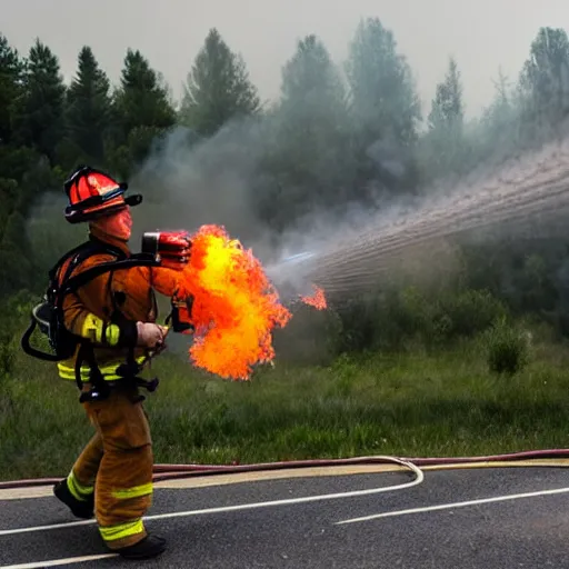 Prompt: photo of a firefighter using a flamethrower projecting a long flame