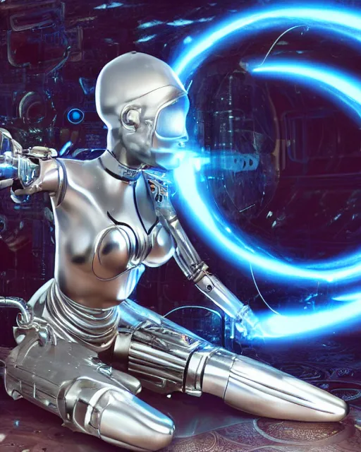 Prompt: A female cyborg extraterrestrial plastic and metal warrior with beaming nebulous eyes writing on a three-dimensional. computer hologram, insanely detailed