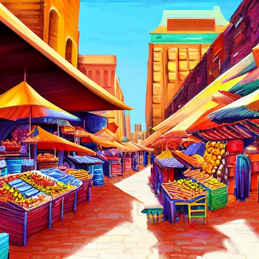 A digital painting of a market with merchants spread Stable