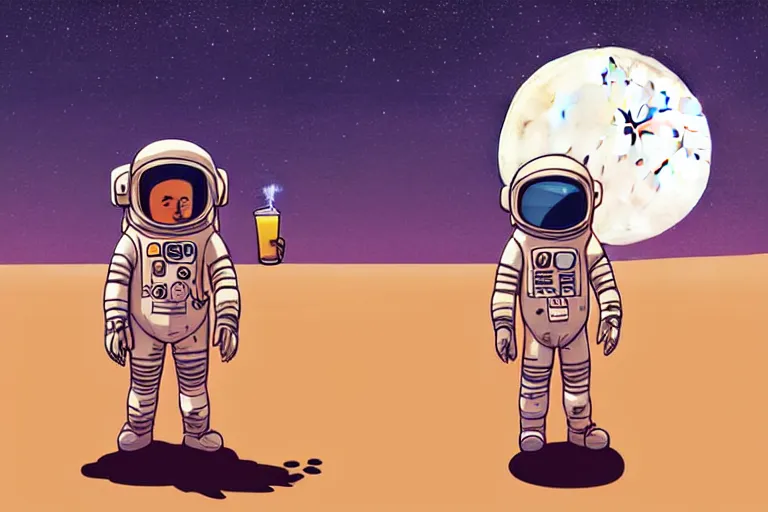 Prompt: a study of a cell shaded cartoon astronaut holding and drinking a beer on a desert road in front of a big moon, full body, wide shot, very muted colors, post grunge, studio ghibli, laurie greasley, highly detailed, deviantart, art by artgem