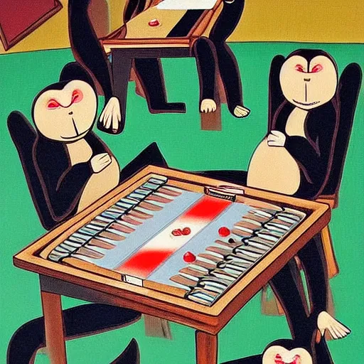 Prompt: A beautiful performance art of a group of monkeys playing backgammon. The monkeys are seated around a table, with some of them appearing to be deep in concentration while others appear to be playing more casually. by Gwenda Morgan robust