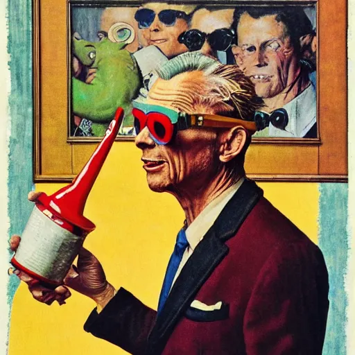 Prompt: a norman rockwell painting of a old - fashioned - humanoid - dragon - man wearing brightly colored cheap sunglasses and 3 - piece suit