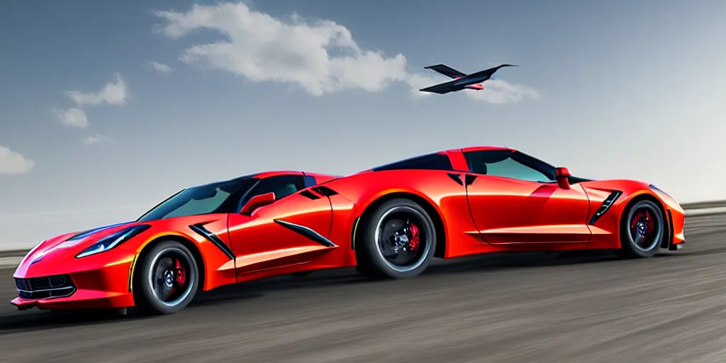 Prompt: chevrolet corvette stingray coupe z 5 1 2 lt, flying in the air, render, 4 k, photoreal, photo