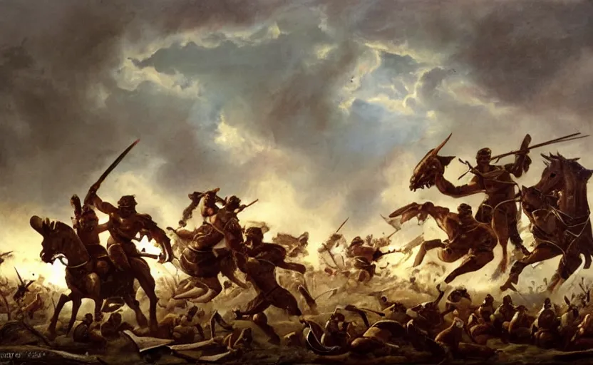 Image similar to oil painting of a spartan army charging against a giant cyclops,