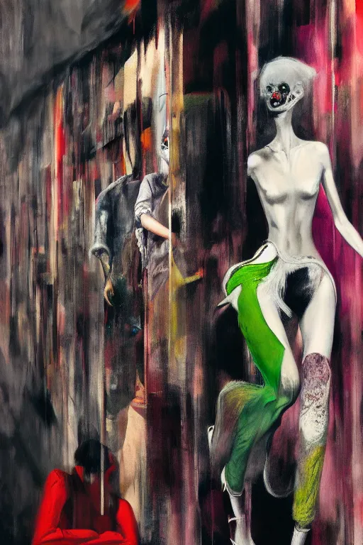 Image similar to crazy fashion catwalk, one model, crazy clothes, hauntingly surreal, highly detailed painting by francis bacon, edward hopper, adrian ghenie, gerhard richter, and james jean soft light 4 k,