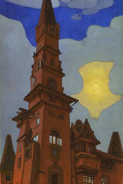 Image similar to view of the old tower and its gardens after a storm, tall windows lit up, beautiful ornamental architecture, dramatic cinematic lighting, rich colors, by Nicholas Roerich and and Caspar David Friedrich and ford madox brown and April Gornik and ((Diego Rivera)), featured on artstation