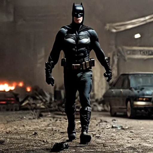 Image similar to jason statham as batman, post apocalyptic, dramatic, cinematic, an film still