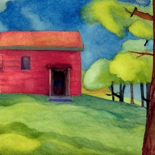 Image similar to small wooden house in the middle of spring forest, bright colours, watercolor, volumetric wool felting, macro photography, children illustration, by edward hopper