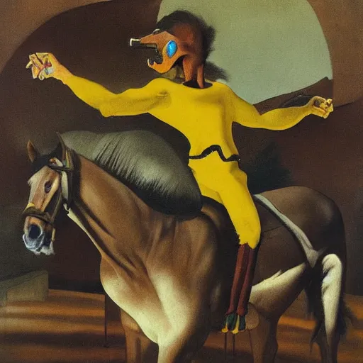 Image similar to ripped physique portrait horse-face Nightmarish Horse Man Warlock the Bobby Fischer camouflaged as a Pony wearing a yellow hoodie eyvind earle greg rutkowski edgar degas andrew wyeth giorgio de chirico