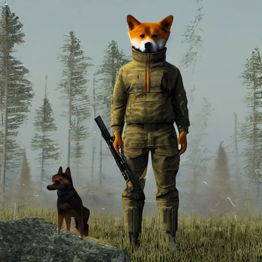 Prompt: anthropomorphic shiba inu, wearing s. t. a. l. k. e. r. freedom exoskeleton without helmet, with rifle in hands, standing near himars, still