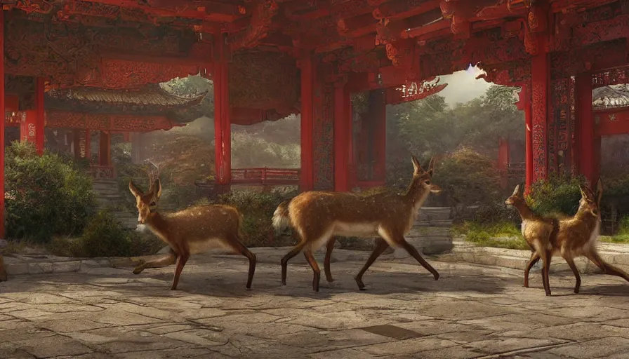 Image similar to craig mullins and ghibli digital illustration of 2 deers and camers a broken chinese temple unreal engine, hyper realism, realistic shading, cinematic composition, realistic render, octane render, detailed textures, photorealistic, wide shot