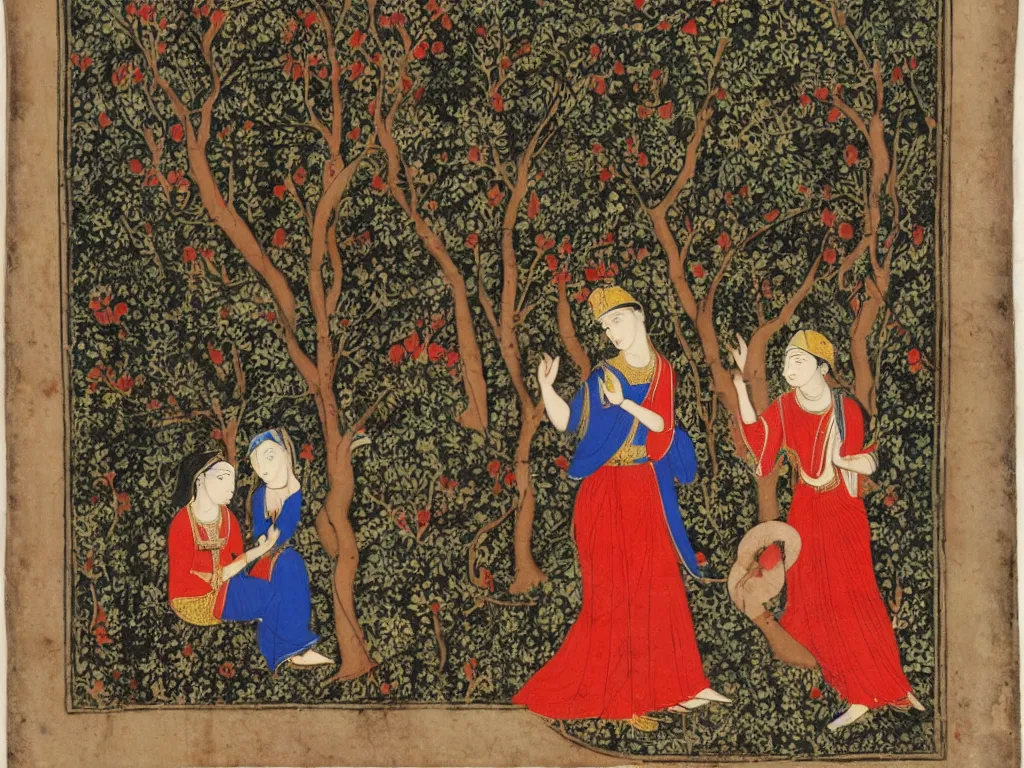 Image similar to Portrait of a young mystic dressed in white meeting the red Godess, thunderstorm, forest. Clear, high contrast Mughal Tantric miniature.