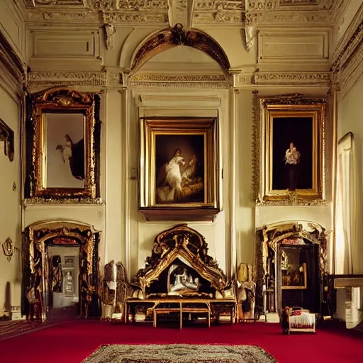 Image similar to giant Italian royal castle living room that is 300 feet tall, with very tall giant walls filled with modern art paintings, doors that are cosmic portals, photo by Annie Leibovitz