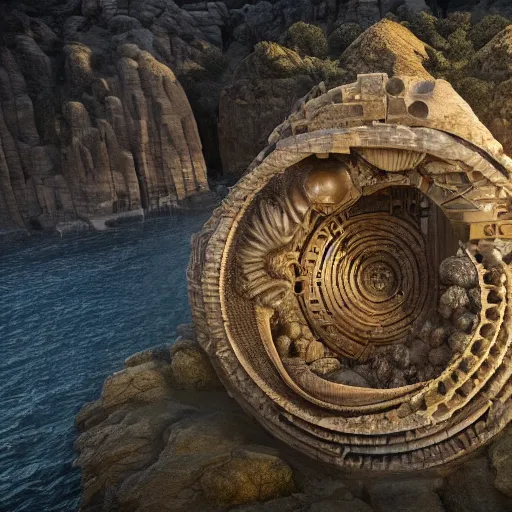 Image similar to a gigantic paleolothic torus made of stone with highly detailed carvings of intricate shamanic robotic electronics and circuitry, in a mediterranean lanscape, inside a valley overlooking the sea, in the style of michal karcz, mediterranean island scenery, mediterranean vista