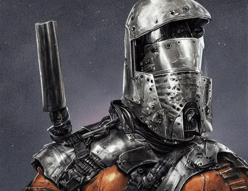 Image similar to a detailed portrait painting of a lone bounty hunter wearing combat armour and a reflective visor. Head and chest only. Dieselpunk elements. Movie scene, cinematic sci-fi scene. Flight suit, cloth and metal, accurate anatomy. Samurai influence, knight influence. fencing armour. portrait symmetrical and science fiction theme with lightning, aurora lighting. clouds and stars. Atmospheric. Clean design, smooth oil paint. Futurism by beksinski carl spitzweg moebius and tuomas korpi. baroque elements. baroque element. intricate artwork by caravaggio. Oil painting. Trending on artstation. 8k