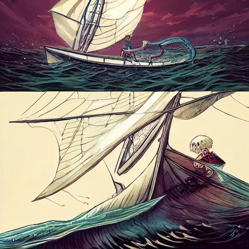 Image similar to an ancient white dragon tears apart a sailing boat, very detailed, prophet graphic novel, ilya kuvshinov, mcbess, rutkowski, simon roy wide shot, colorful, deep shadows,