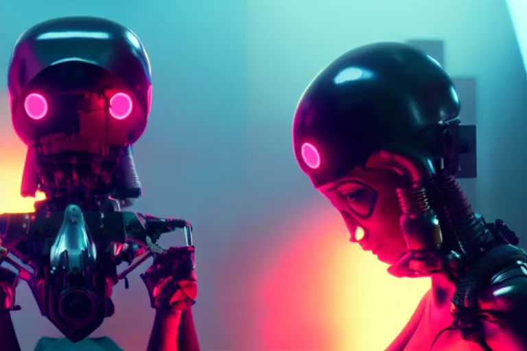 Image similar to vfx film, love death and robots, flat color profile low - key lighting award winning photography arri alexa cinematography, hyper real photorealistic cinematic, atmospheric cool colorgrade