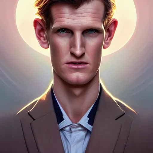 Image similar to symmetry portrait of matt smith, intricate, elegant, highly detailed, digital painting, artstation, concept art, smooth, sharp focus, illustration, art by artgerm and greg rutkowski and alphonse mucha