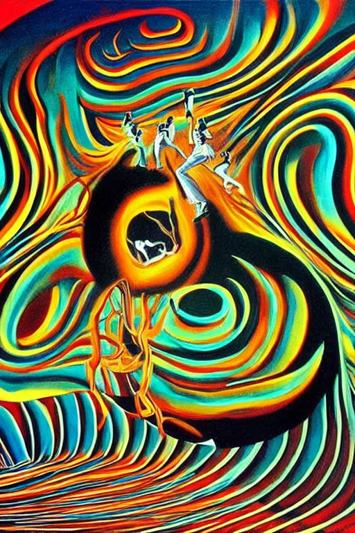 Image similar to optical illusion painting of a couple dancing in a worm hole, illusionism, look twice, mind blow, by damien gilley and salvador dali, detailed