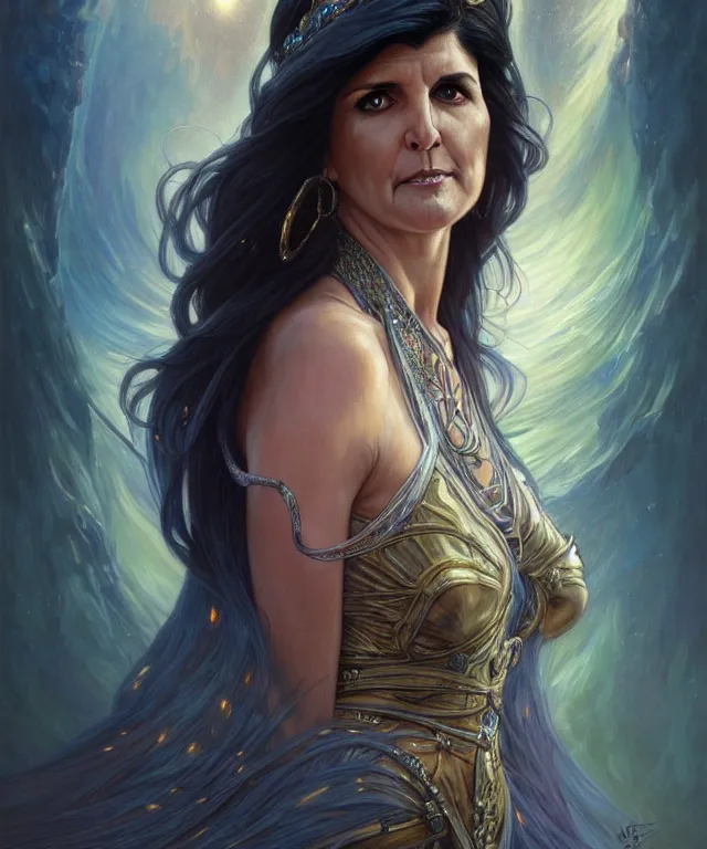 Image similar to Nikki Haley as a fantasy magic woman portrait, sci-fi, amber eyes, face, long hair, fantasy, intricate, elegant, highly detailed, digital painting, artstation, concept art, smooth, sharp focus, illustration, art by artgerm and greg rutkowski and alphonse mucha