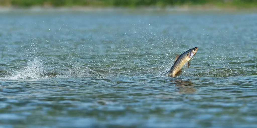 Image similar to a fish jumping out of a beautiful lake with great nature around it, and waves in the water, akria toyama